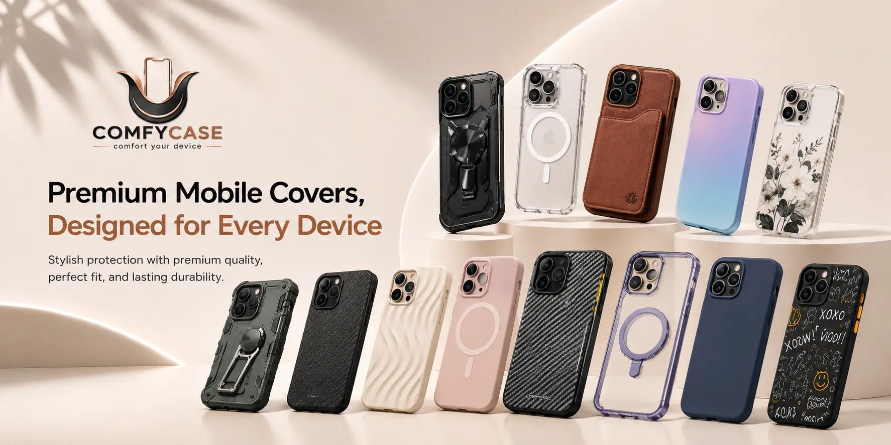 Comfy Case premium mobile covers — a curated lineup of iPhone cases in rugged armor, clear MagSafe, leather wallet, gradient, floral, silicone, and carbon-fiber styles